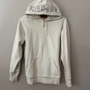 Supreme Men's Medium Classic Logo Hoodie Off White Cotton Streetwear Pullover